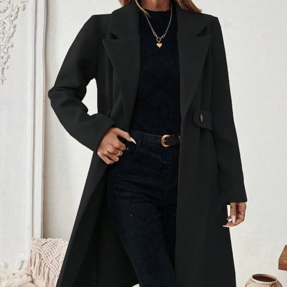 Black Casual Women's Flat Collar Pocket Belted Long Sleeve Coat Jacket